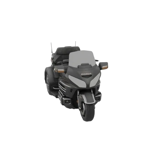 Front view of a dark gray 3D model of a Honda Gold Wing Trike motorcycle with a large windshield and three wheels.
