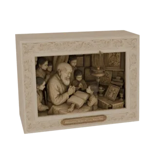Modèle 3D d'un homme âgé lisant un livre à un groupe d'enfants, dans un cadre décoratif.