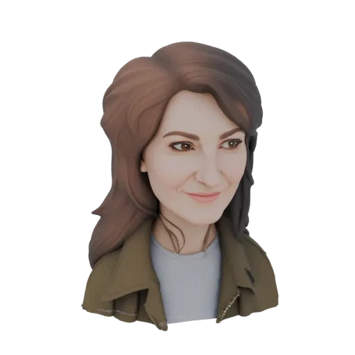 3D model of a stylized woman with brown hair, wearing a green jacket, smiling gently.