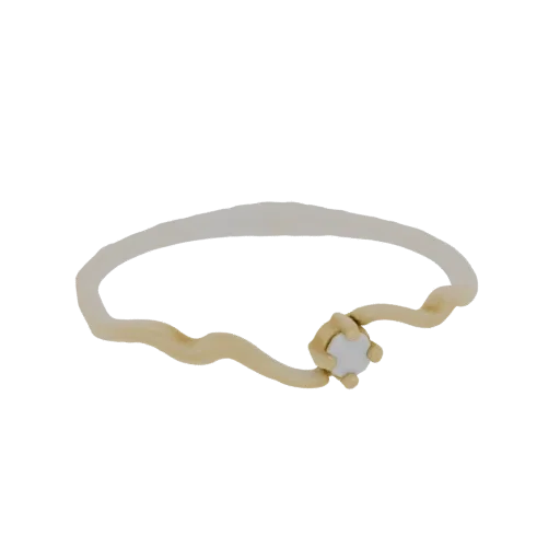 3D model of a wavy gold ring with a single pearl set in its center, against a black background.