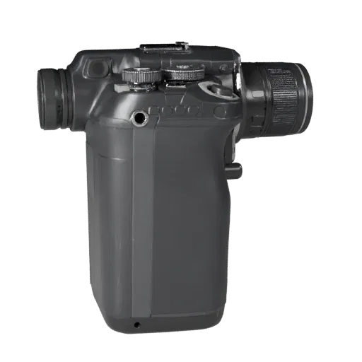 Action Drone Camera 3D model, three-quarter front view, Unity viewport, showing textured grips, lens barrels.