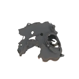 3D model of a complex, gray mechanical housing with many bolt holes and intricate internal details, shown against a white bac