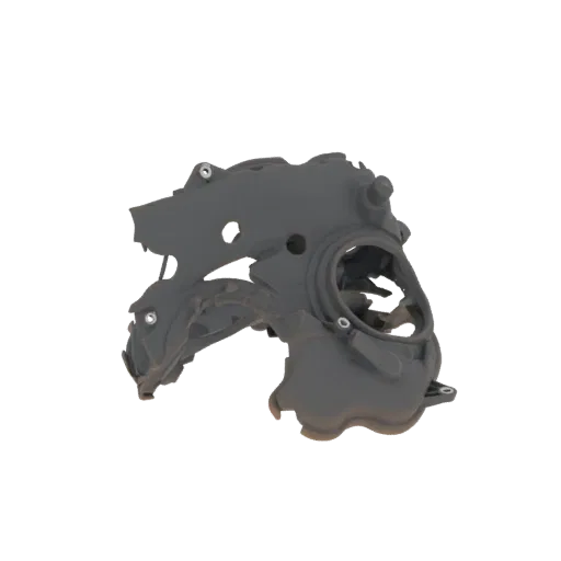3D model of a complex, gray mechanical housing with many bolt holes and intricate internal details, shown against a white bac