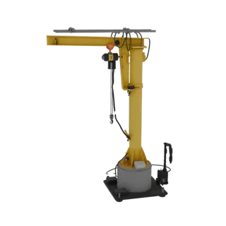 3D model of a yellow jib crane with a hoist, featuring a vertical support and horizontal jib arm.