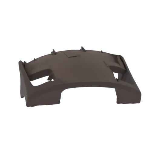 Render 3D de una maqueta de salpicadero de automóvil genérico con una superficie curva, marrón mate y sutiles detalles integr