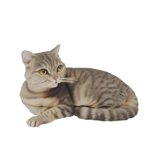 A realistic 3D model of a tabby cat lying down, with detailed fur patterns and yellow eyes, against a white background.