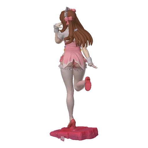 3D model of an anime maid figure in a pink dress with bows, striking a playful pose on a pink base.