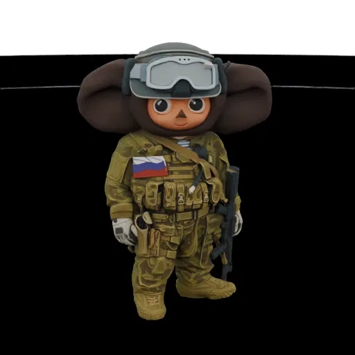 3D model of Cheburashka dressed as a Russian soldier, wearing tactical gear and holding a rifle.