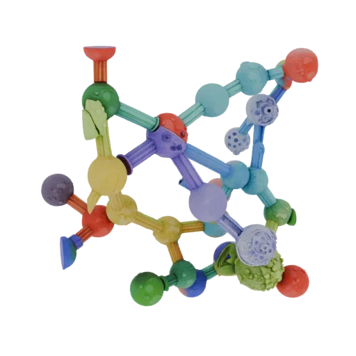 Crystal Protein Chain High Poly 3D model, close-up studio render, showing colored spheres, molecule layout.