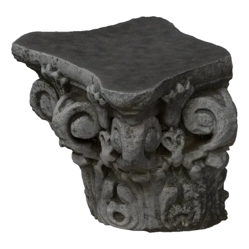 3D model of a weathered stone capital fragment with ornate carvings and a rough texture, set against a black background.