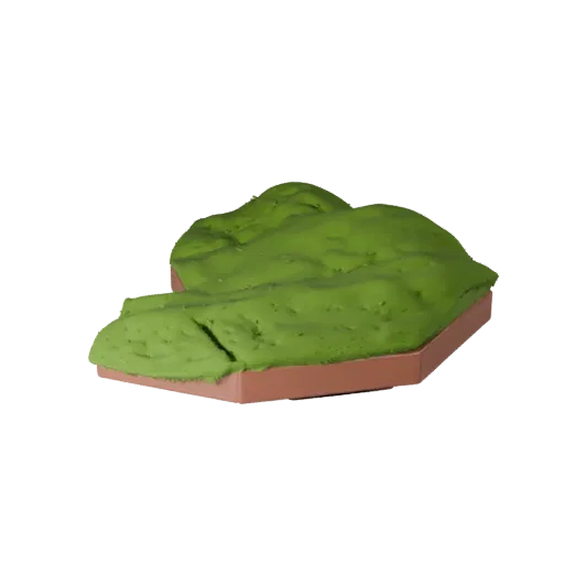 Grassland Hill Tile Unity 3D model, isometric viewport view, showing layered soil, layered vegetation clusters.