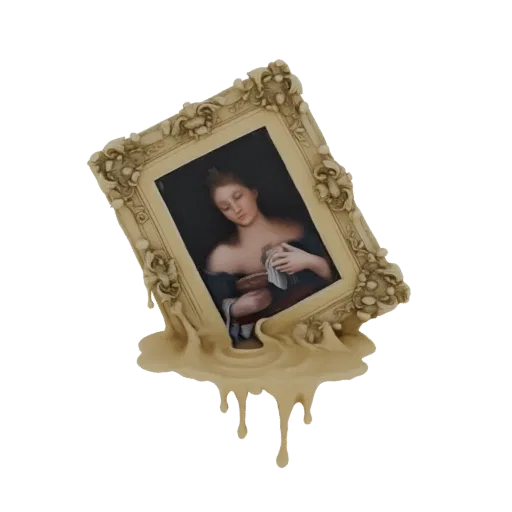 3D model of a melting baroque picture frame with a classical portrait, dripping like liquid gold.