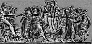 Modello 3D di bassorilievo dell'Antica Grecia con musicisti che suonano la lira e il flauto, e danzatori in movimento.