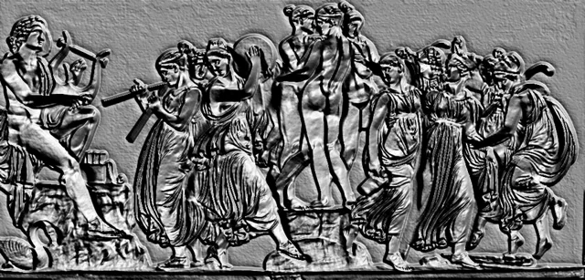 Modello 3D di bassorilievo dell'Antica Grecia con musicisti che suonano la lira e il flauto, e danzatori in movimento.