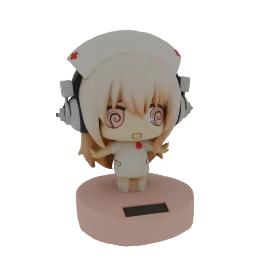 3D model of a chibi nurse character with headphones, wearing a nurse's cap and uniform, on a pink solar-powered bobblehead ba