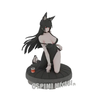 3D-Modell eines Anime-Wolf-Mädchens mit schwarzen Haaren und roten Augen, in einem schwarzen Kleid, kniend auf einer schwarze
