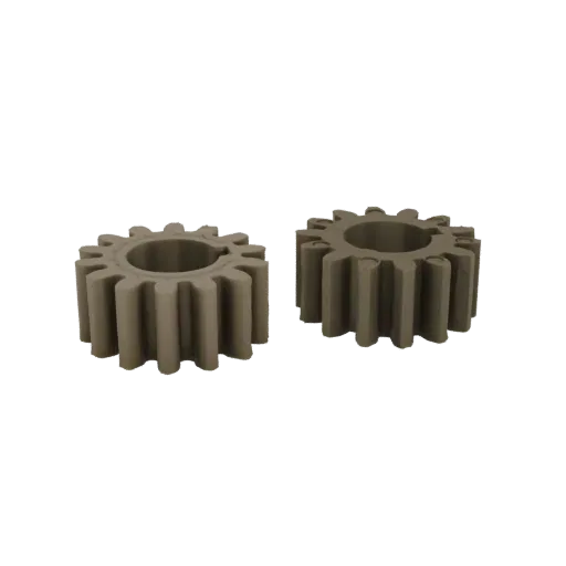 A 3D render of two industrial-style gears, one slightly larger than the other, against a black background.