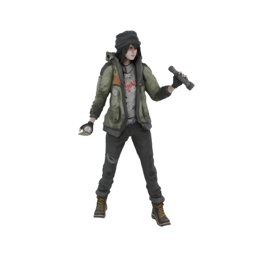 3D model of a post-apocalyptic explorer character wearing a beanie, jacket, and holding a flashlight.