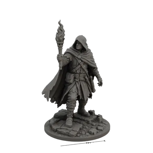3D model of a hooded adventurer holding a lit torch, standing on a rocky base.