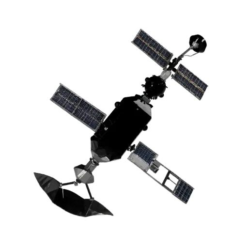Weather Satellite Low Poly 3D model, game viewport three-quarter view, showing solar panels, spacecraft silhouette.