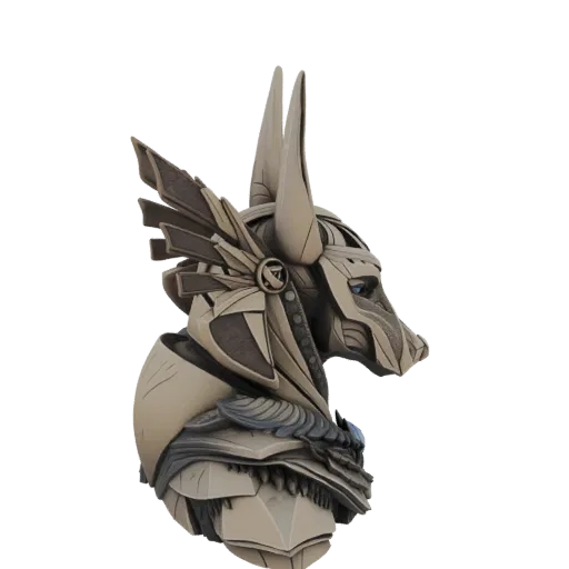 3D model of Anubis, the Egyptian god, with a stylized mechanical design, shown in profile against a white background.