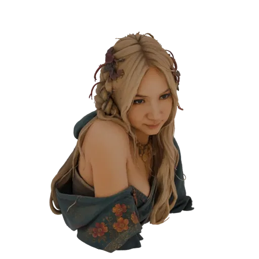 3D model of a fantasy woman's bust with blonde braided hair adorned with flowers, wearing a teal garment with floral embroide