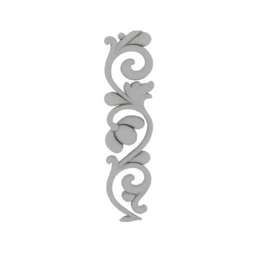Renderização 3D de um painel vertical ornato floral em voluta com motivos em espiral de flores e folhas de acanto em fundo preto.