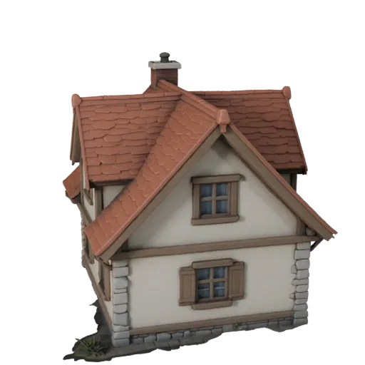 Cottage high poly 3D model, close-up architectural render view, showing residential building materials and architectural detail