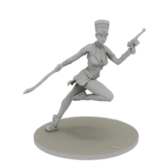Render de modelo 3D de un guerrero egipcio en pose de carrera, sosteniendo un bastón y un bláster, sobre una base circular.