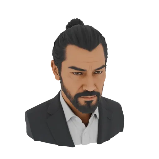 Render 3D del busto de un hombre con moño samurai, barba y traje, mirando ligeramente a la derecha.