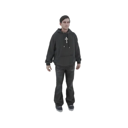 3D model of a man wearing a dark hoodie with a white cross and distressed jeans, standing against a white background.