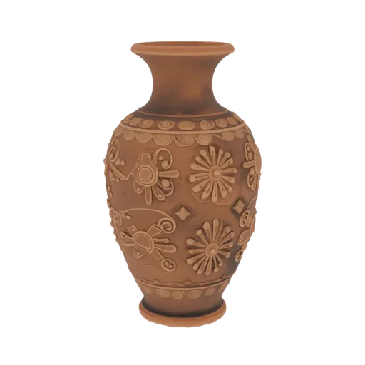 3D model of a decorative clay vase with relief ornament, on a black background