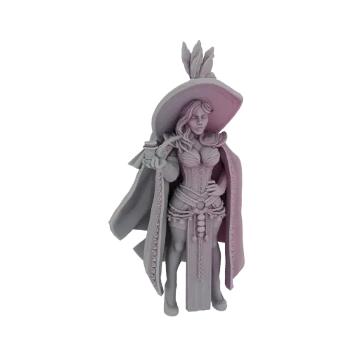 3D-Modell einer eleganten Zauberin mit großem Federhut, fließendem Umhang und detailliertem Korsett, präsentiert auf weißem H