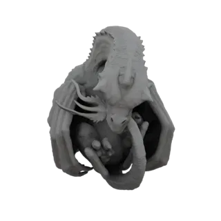 Modèle 3D d'un dragon gris tenant protecteur un bébé dans ses griffes, avec des écailles et des ailes complexes visibles.