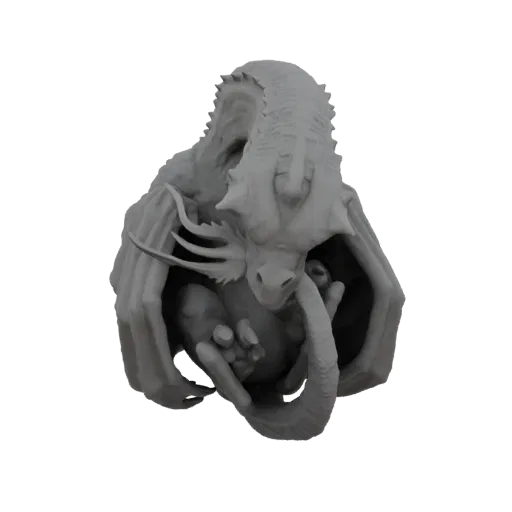 3D-Modell eines grauen Drachen, der schützend ein Baby in seinen Klauen hält, mit sichtbaren kunstvollen Schuppen und Flügeln