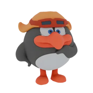 Un rendering 3D di un pinguino cartone animato con casco da aviatore arancione e occhiali, dall'aspetto curioso.