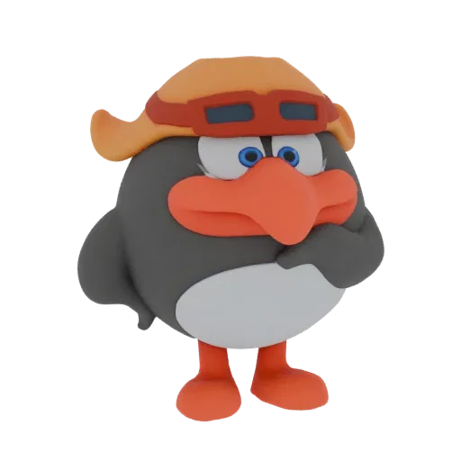 A 3D render of a cartoon penguin wearing an orange aviator helmet with goggles, looking curious.