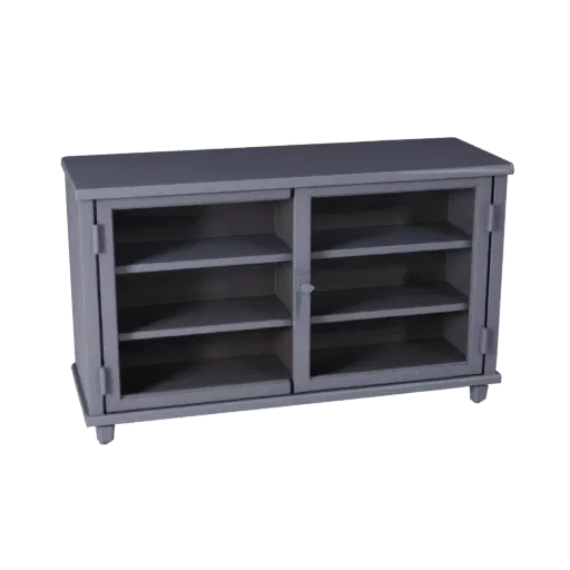 Industrial Sideboard Low Poly 3D model, dining room, game viewport three-quarter view, painted wood detail.