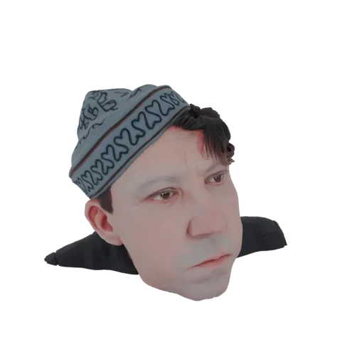 3D model render of a man's head and shoulders wearing a light blue beanie with a dark patterned band, looking slightly to the