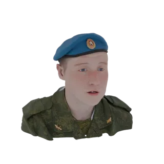Rendu de modèle 3D d'un buste de parachutiste russe VDV portant un béret bleu et un uniforme de camouflage.