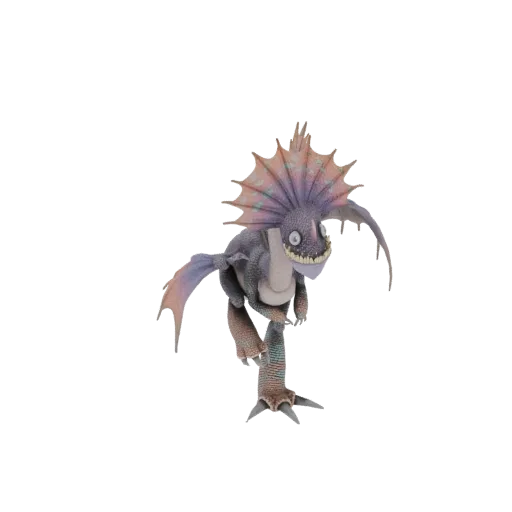 3D model of a fantasy dragon creature with a purple frill, grey scales, and outstretched wings, in a dynamic pose.