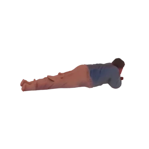 A 3D model of a man performing a plank exercise, viewed from the side.