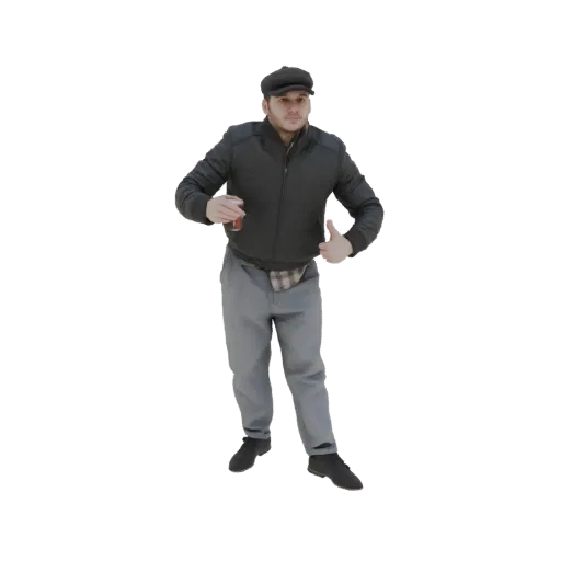 3D model of a man wearing a flat cap, black jacket, and grey trousers, holding a drink and giving a thumbs-up.