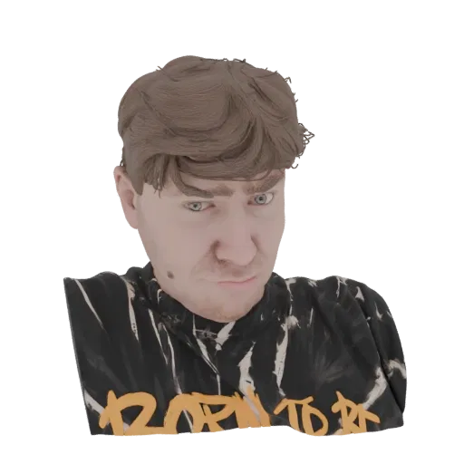 3D model bust of MrBeast with brown hair and a tie-dye shirt, looking slightly down.