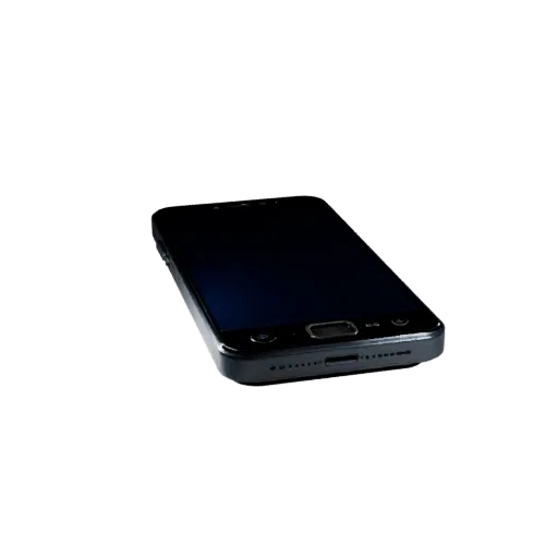 Compact Smartphone Low Poly 3D model, game viewport three-quarter view, showing glass screens, thin device proportions.