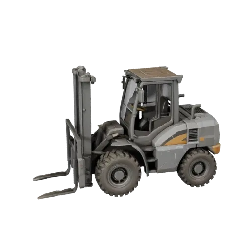 Mining Forklift Low Poly 3D model, game viewport three-quarter view, showing painted steel, form detail.
