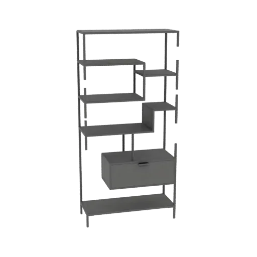 3D model render of a modern asymmetrical gray bookshelf with stepped shelves and a single drawer.