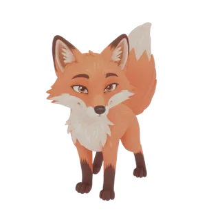 Un rendu 3D d'un renard roux stylisé debout, la tête légèrement tournée, montrant sa fourrure orange, sa poitrine blanche et
