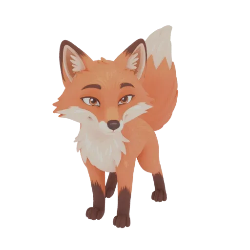 A 3D render of a stylized red fox standing with its head turned slightly, showcasing its orange fur, white chest, and bushy t