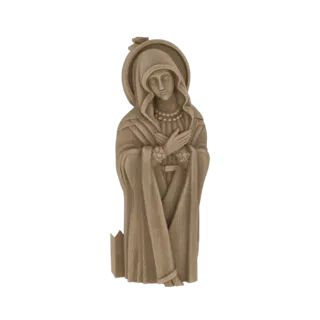 Modello 3D di una statua in legno della Vergine Maria con le mani giunte e un'aureola sopra la testa.